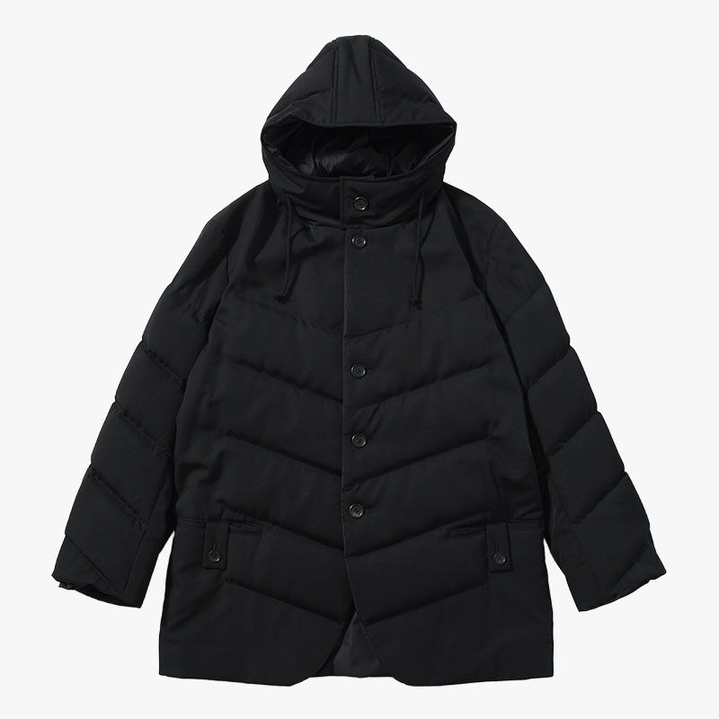 WOOL GABARDINE DIAGONAL PADDED HOODED JACKET -BLACK-