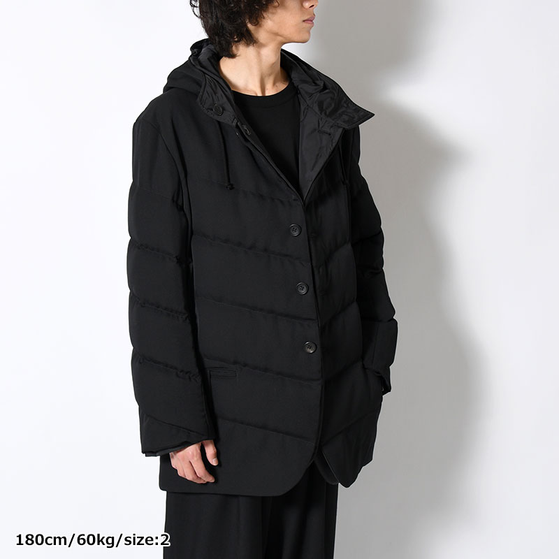 WOOL GABARDINE DIAGONAL PADDED HOODED JACKET -BLACK-