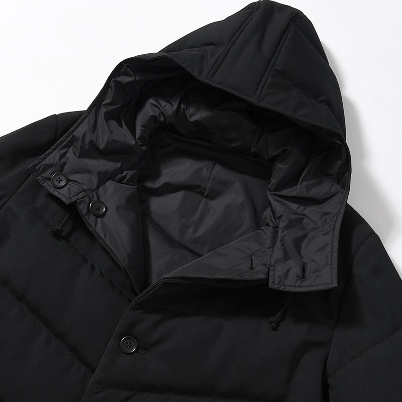 WOOL GABARDINE DIAGONAL PADDED HOODED JACKET -BLACK-