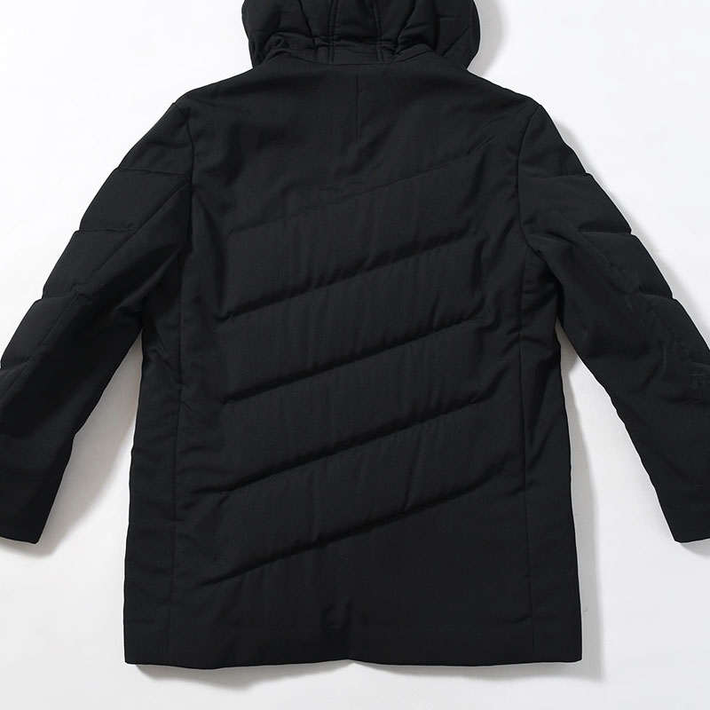 WOOL GABARDINE DIAGONAL PADDED HOODED JACKET -BLACK-