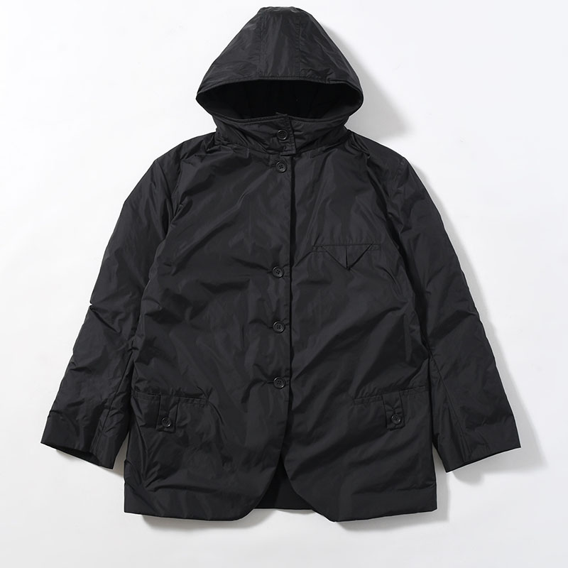 WOOL GABARDINE DIAGONAL PADDED HOODED JACKET -BLACK-