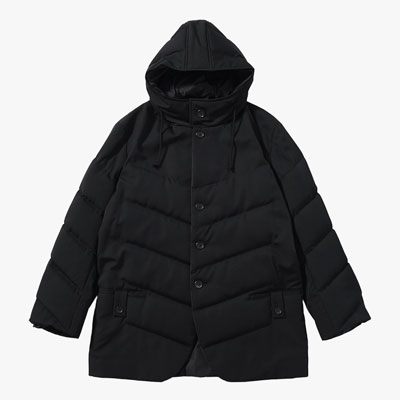 WOOL GABARDINE DIAGONAL PADDED HOODED JACKET -BLACK-