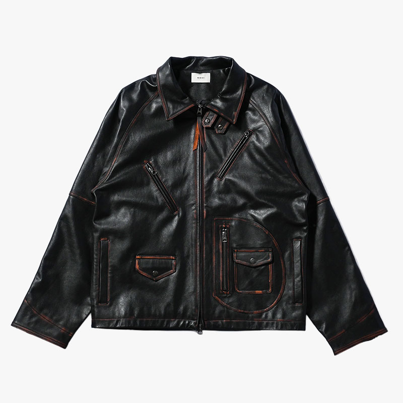 D POCKET AGING LEATHER JACKET -BLACK-