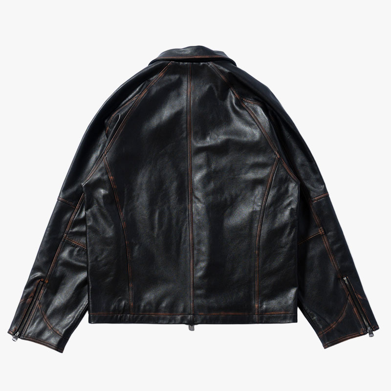 D POCKET AGING LEATHER JACKET -BLACK-