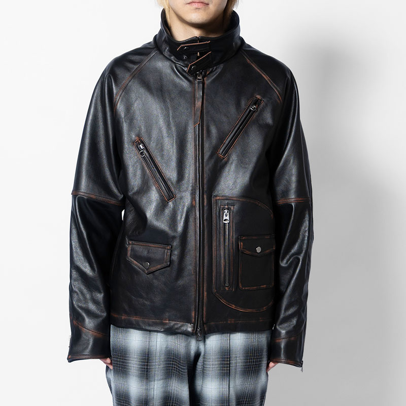 D POCKET AGING LEATHER JACKET -BLACK-
