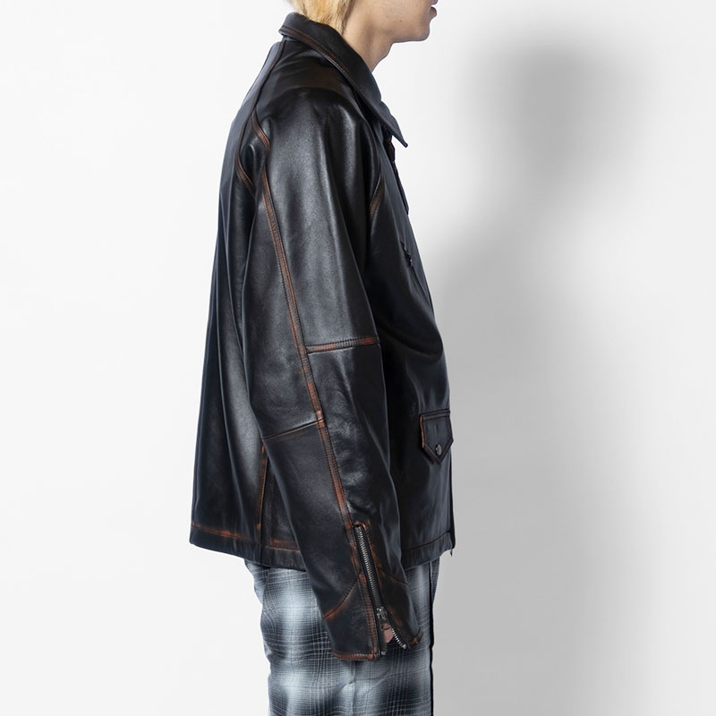 D POCKET AGING LEATHER JACKET -BLACK-
