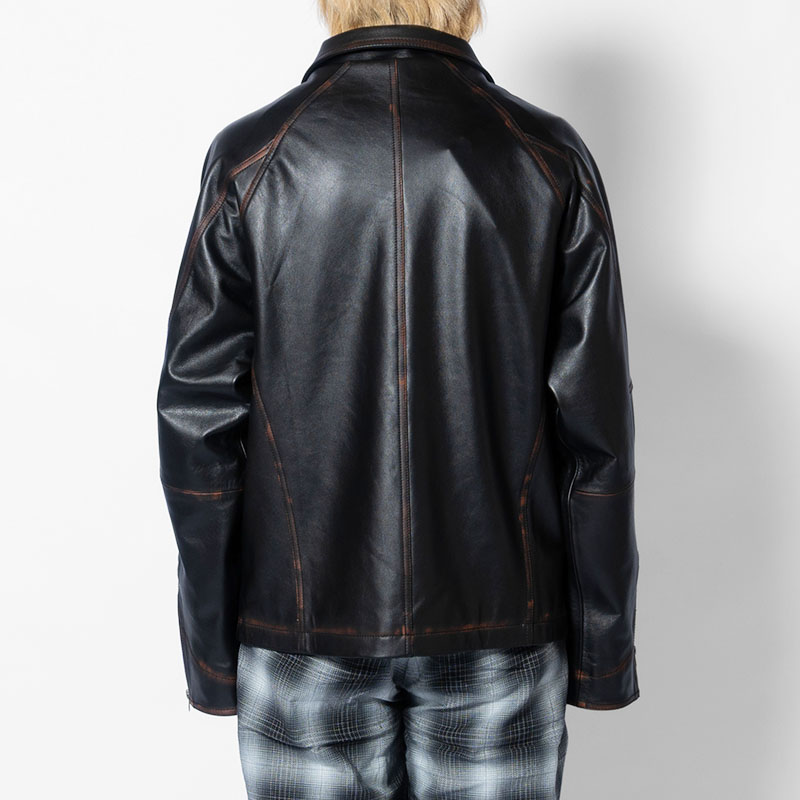 D POCKET AGING LEATHER JACKET -BLACK-