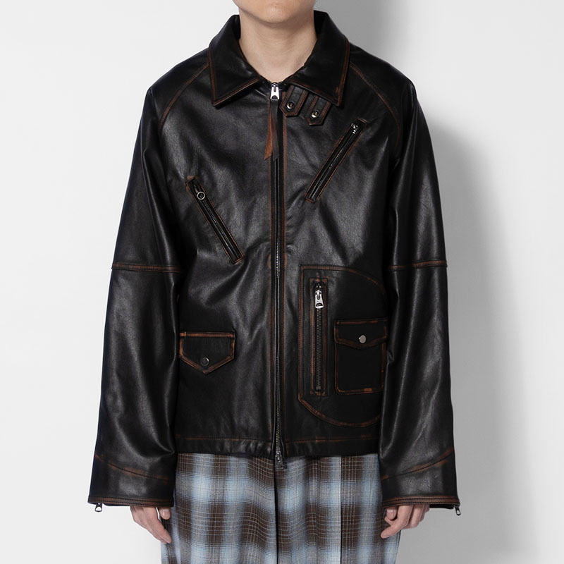 D POCKET AGING LEATHER JACKET -BLACK-