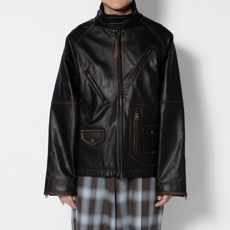 D POCKET AGING LEATHER JACKET -BLACK-
