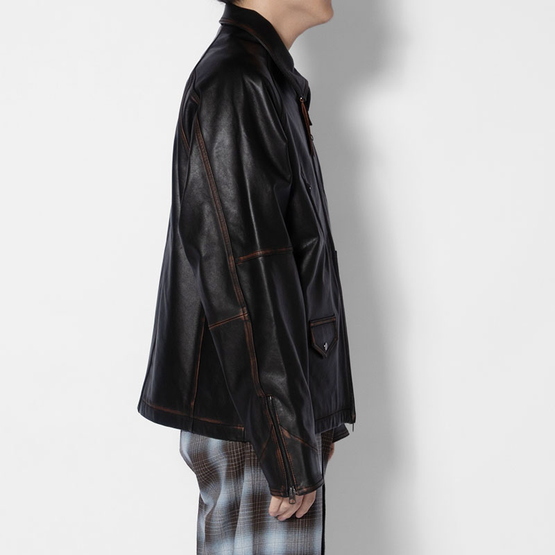 D POCKET AGING LEATHER JACKET -BLACK-