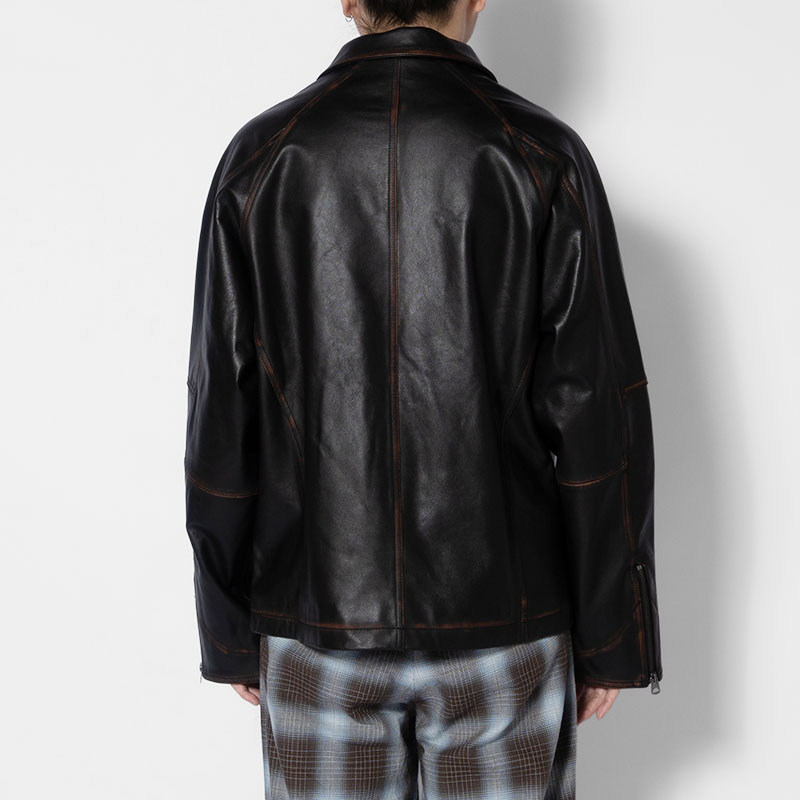 D POCKET AGING LEATHER JACKET -BLACK-
