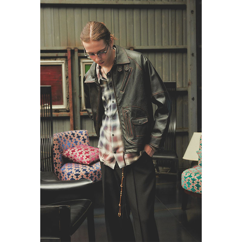 D POCKET AGING LEATHER JACKET -BLACK-