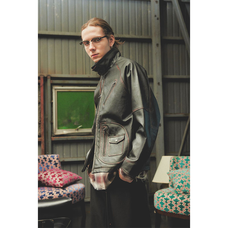 D POCKET AGING LEATHER JACKET -BLACK-