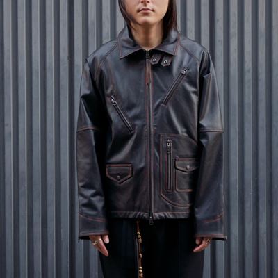 D POCKET AGING LEATHER JACKET -BLACK-