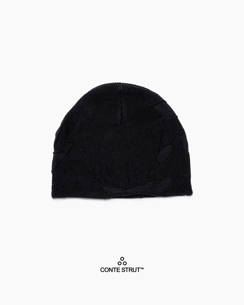 THREE-TEXTURE KNIT BEANIE -BLACK-