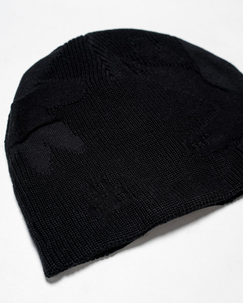 THREE-TEXTURE KNIT BEANIE -BLACK-