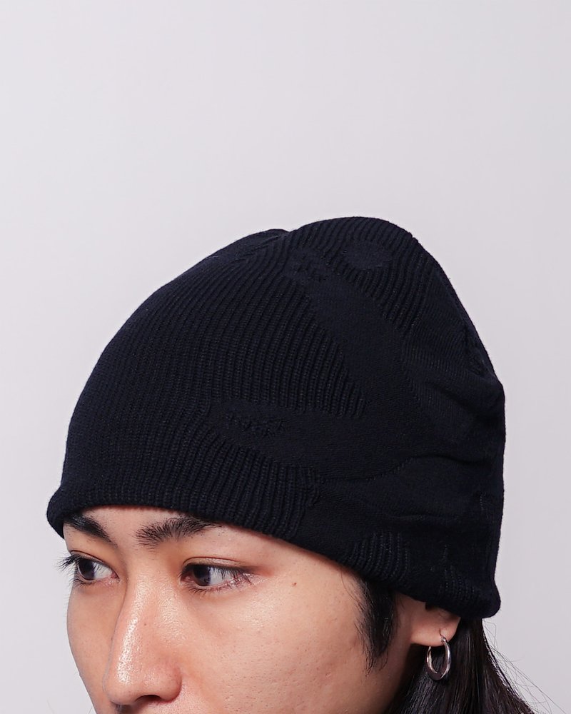 THREE-TEXTURE KNIT BEANIE -BLACK-