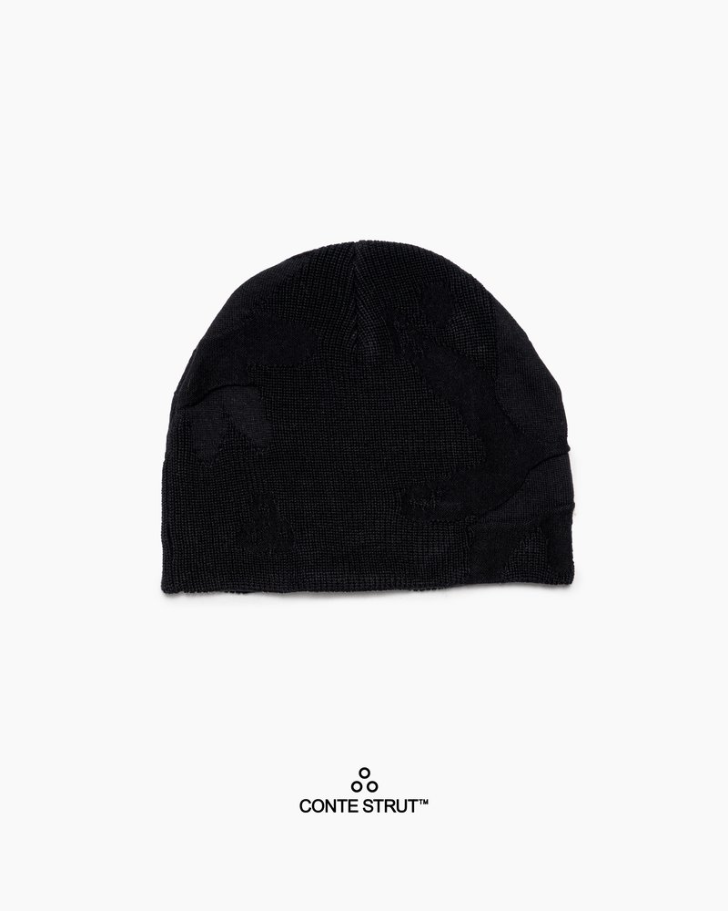THREE-TEXTURE KNIT BEANIE -BLACK-