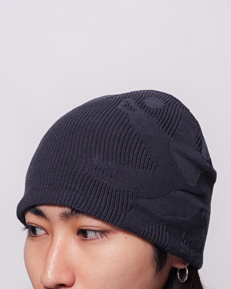 THREE-TEXTURE KNIT BEANIE -NAVY-