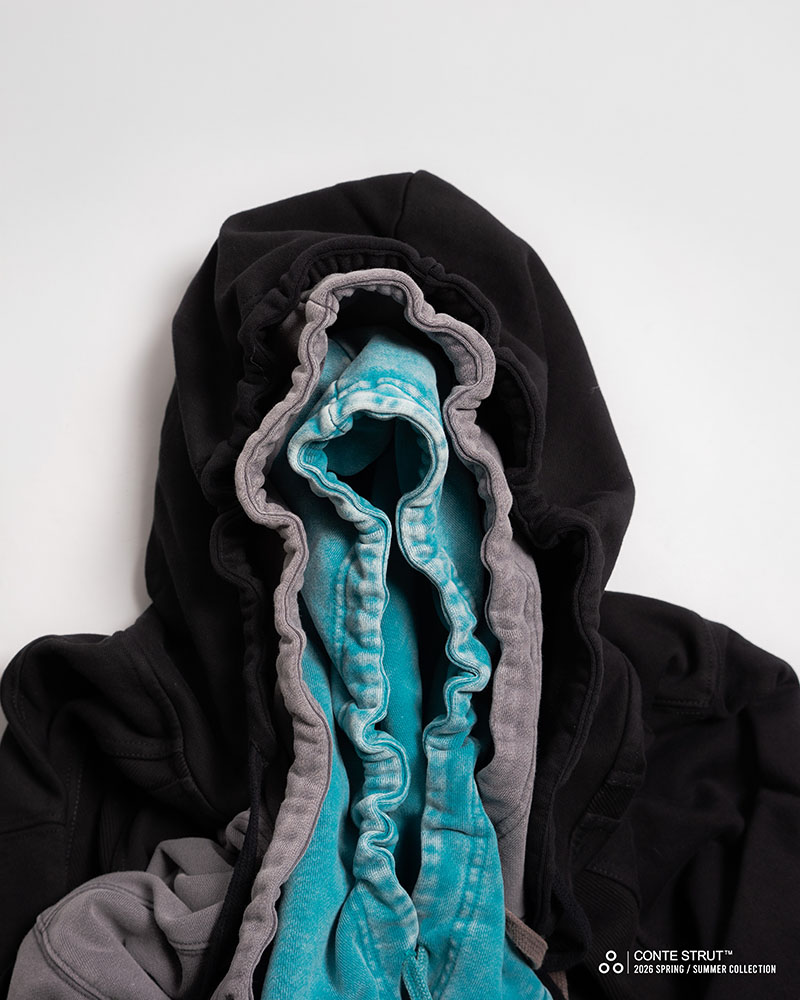 RIB-PANEL ZIP HOODIE -GREY-