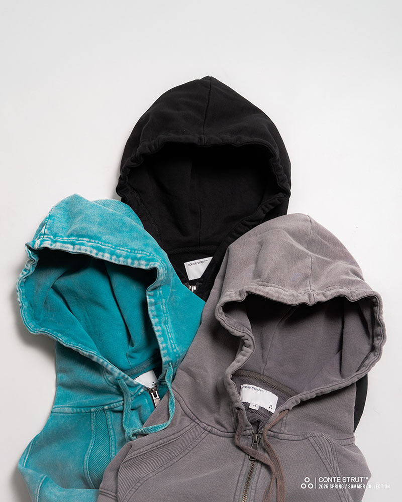 RIB-PANEL ZIP HOODIE -GREY-