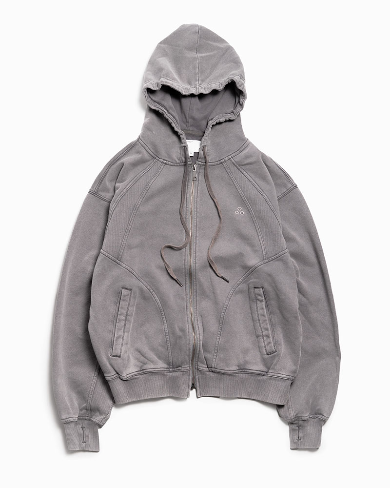 RIB-PANEL ZIP HOODIE -GREY-