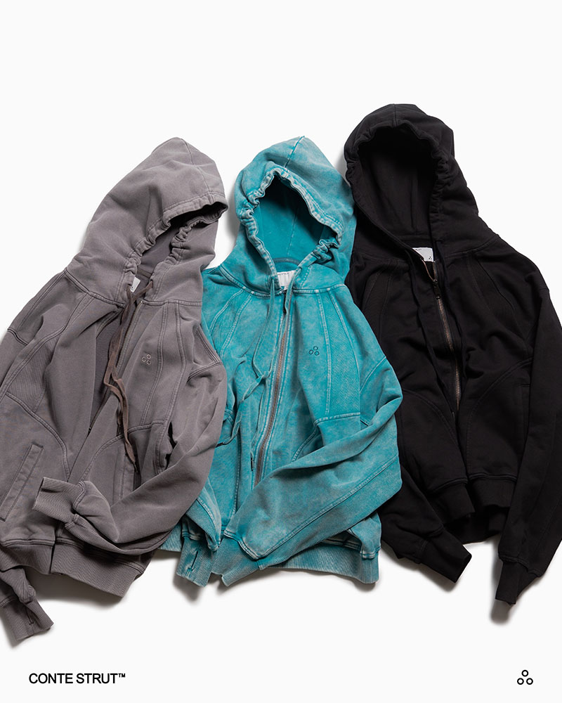 RIB-PANEL ZIP HOODIE -TURQUOISE-