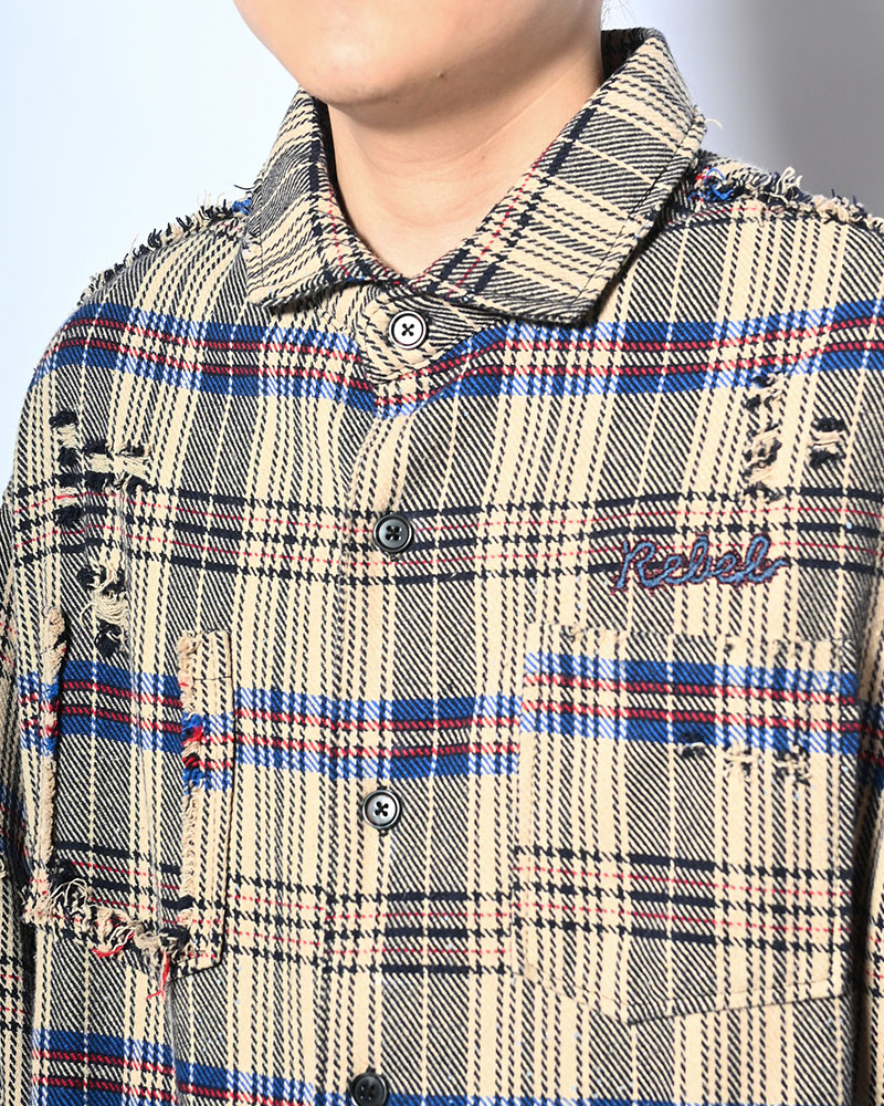DAMAGE HEAVY CHECK SHIRT -BEIGE-