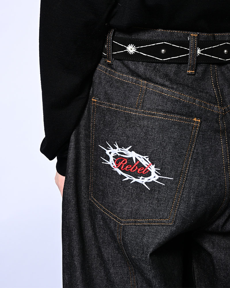 HALF DOUBLE KNEE BAGGY DENIM -BLACK-