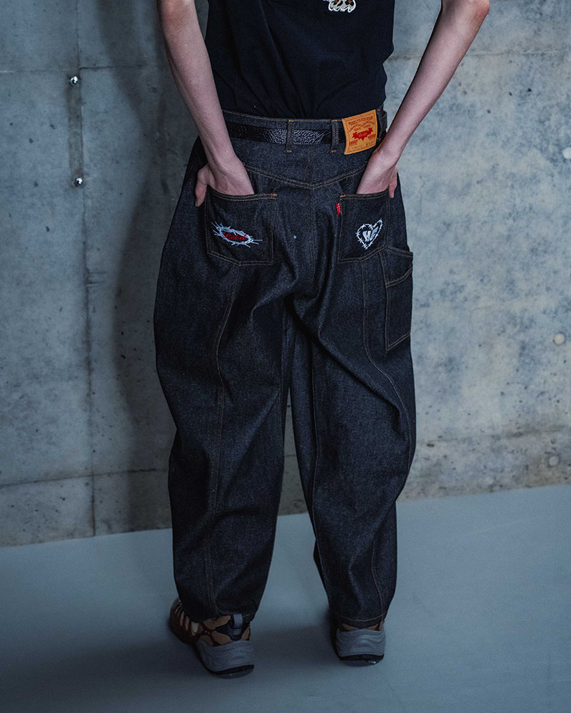 HALF DOUBLE KNEE BAGGY DENIM -BLACK-