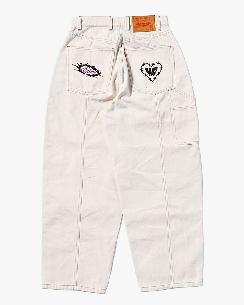 HALF DOUBLE KNEE BAGGY DENIM -OFF WHITE-