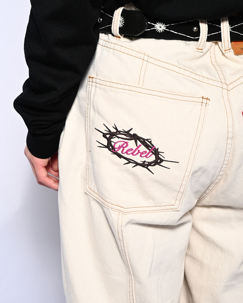 HALF DOUBLE KNEE BAGGY DENIM -OFF WHITE-