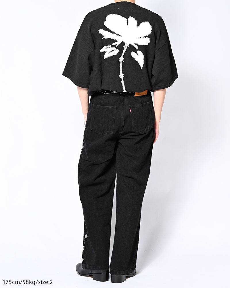 ROUGH FLOWER KNIT TEE -BLACK-