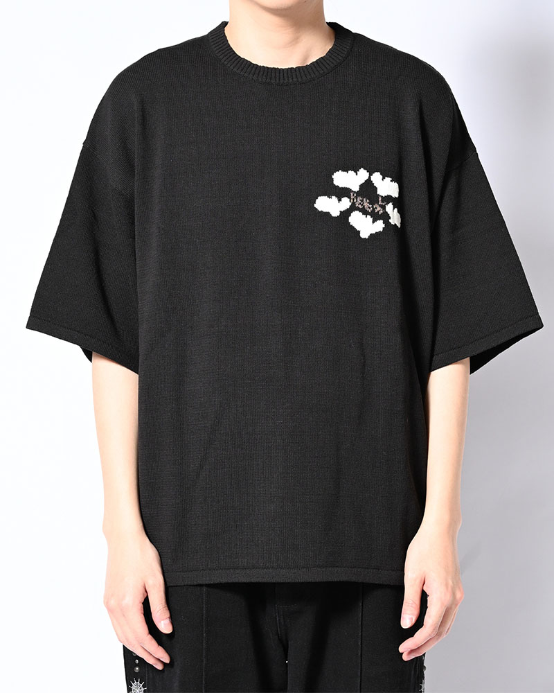ROUGH FLOWER KNIT TEE -BLACK-