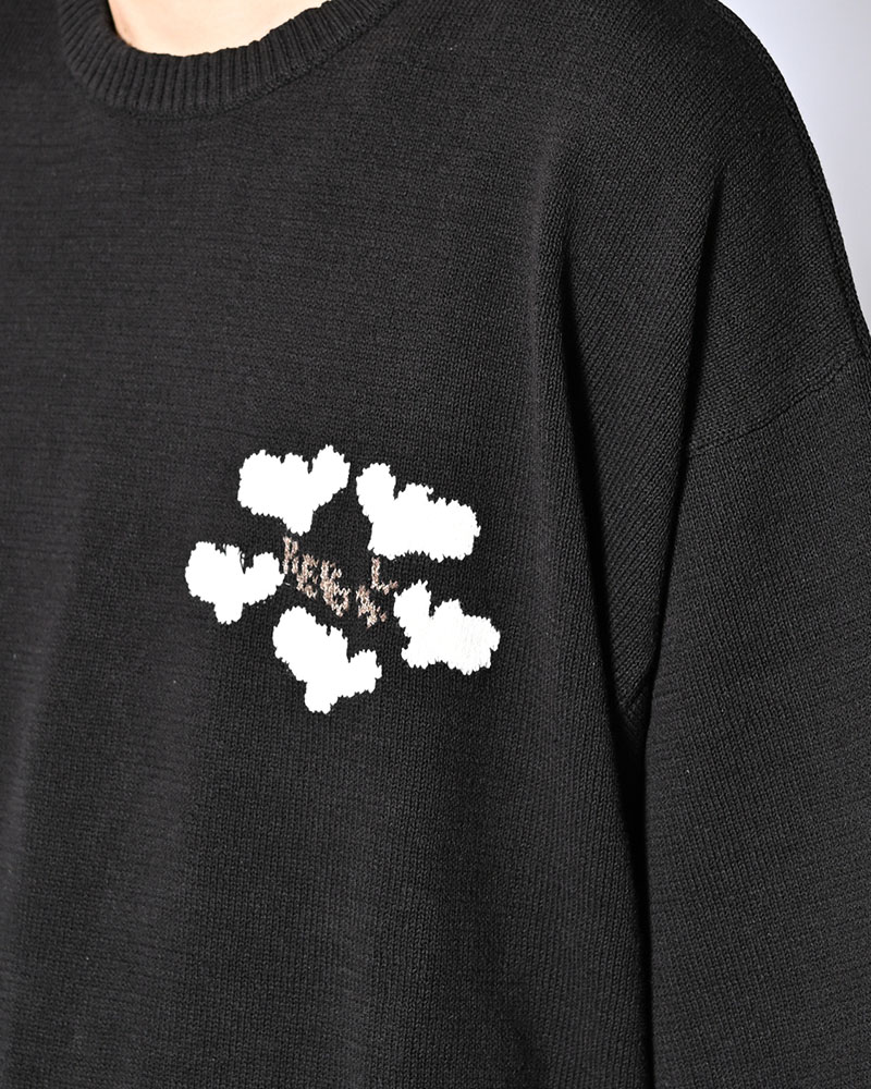 ROUGH FLOWER KNIT TEE -BLACK-