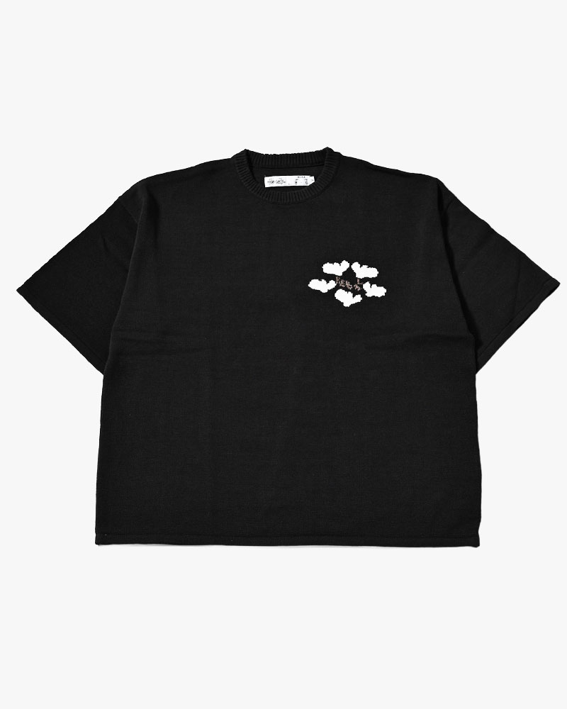 ROUGH FLOWER KNIT TEE -BLACK-