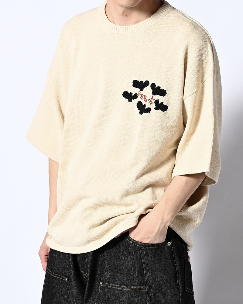 ROUGH FLOWER KNIT TEE -NAVY-