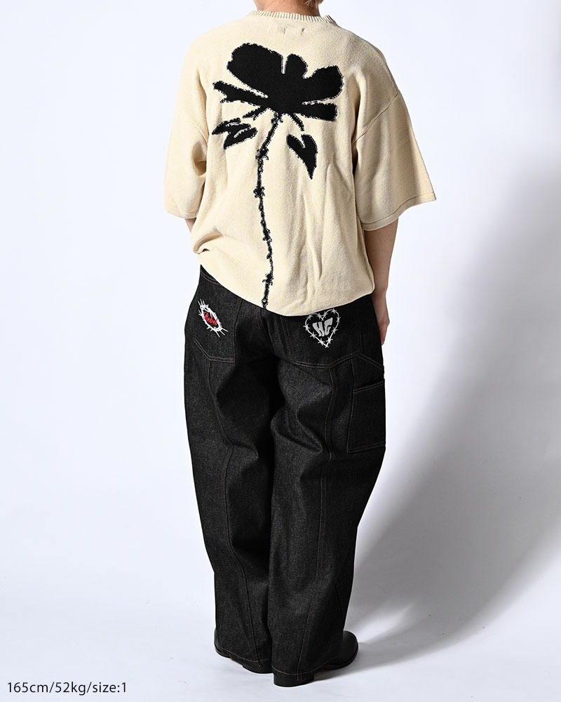 ROUGH FLOWER KNIT TEE -NAVY-