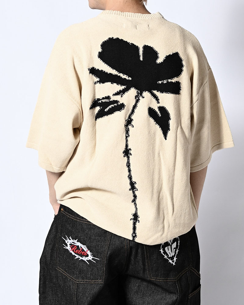 ROUGH FLOWER KNIT TEE -NAVY-