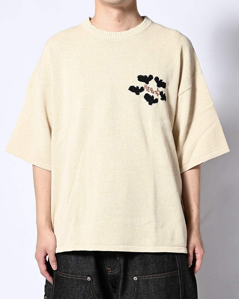 ROUGH FLOWER KNIT TEE -NAVY-