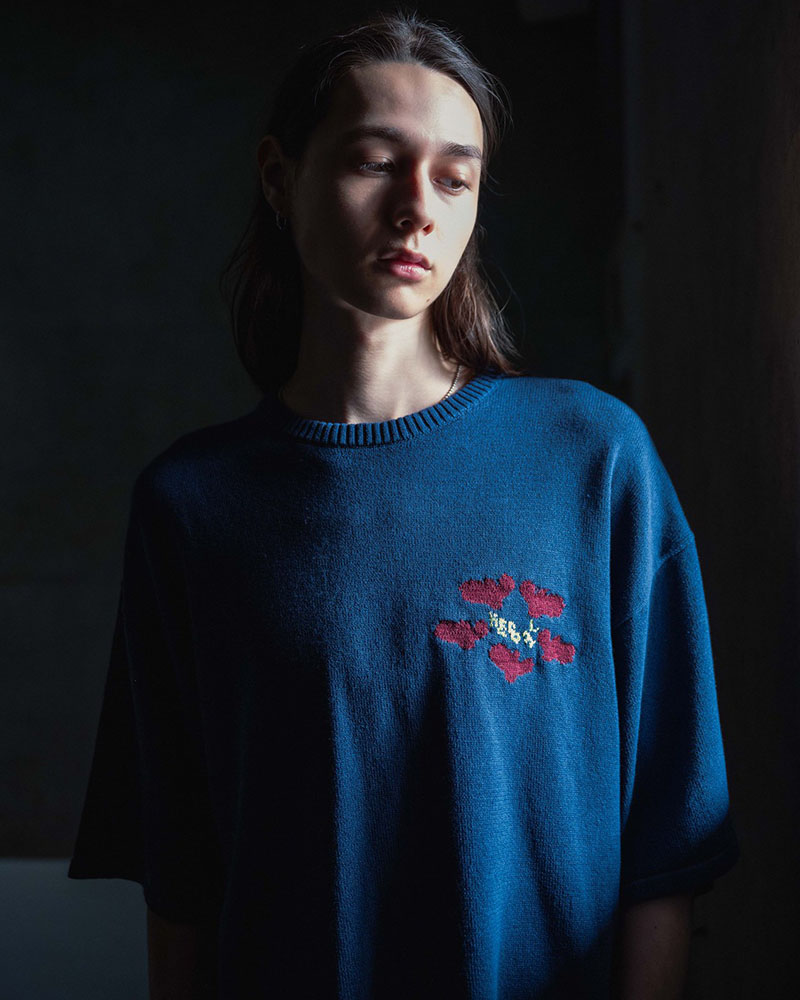 ROUGH FLOWER KNIT TEE -NAVY-