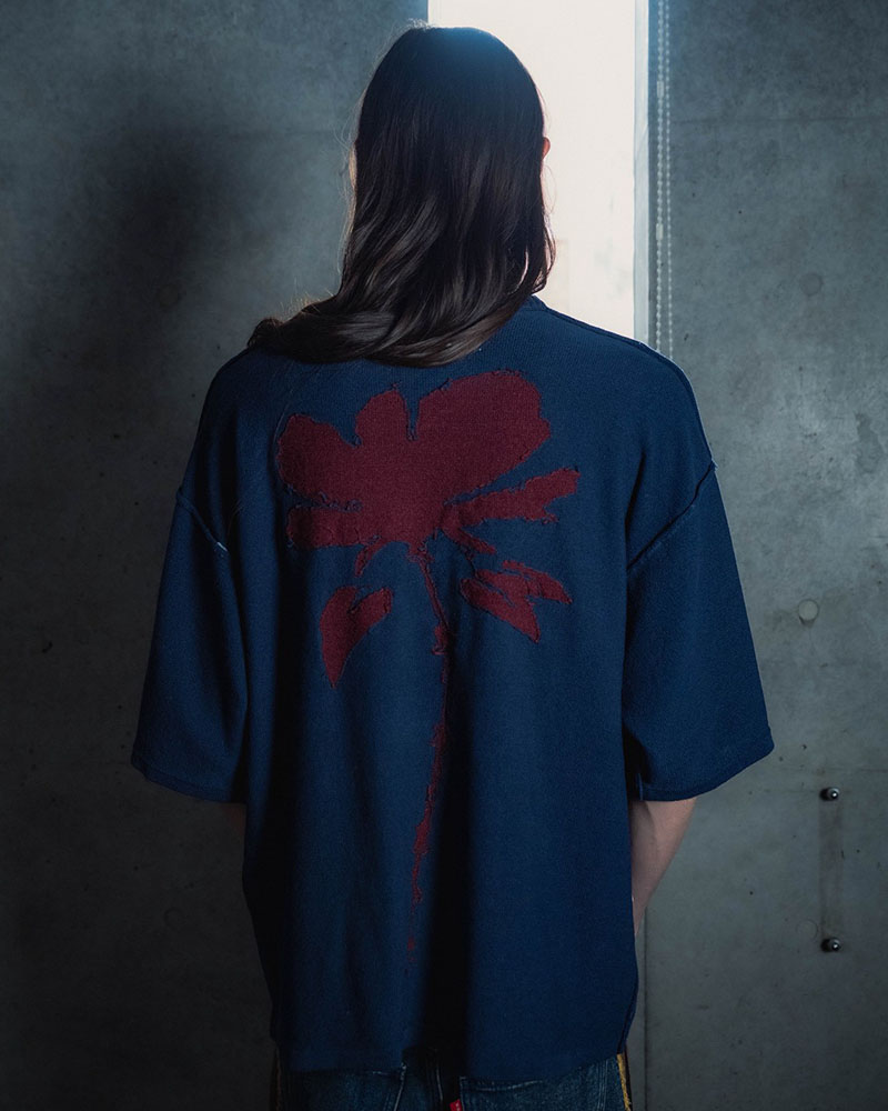 ROUGH FLOWER KNIT TEE -NAVY-