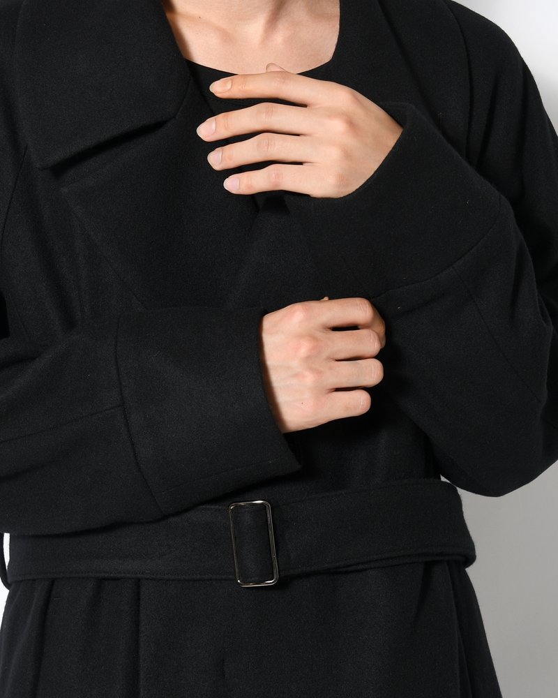 BELTED OVER COAT -BLACK-