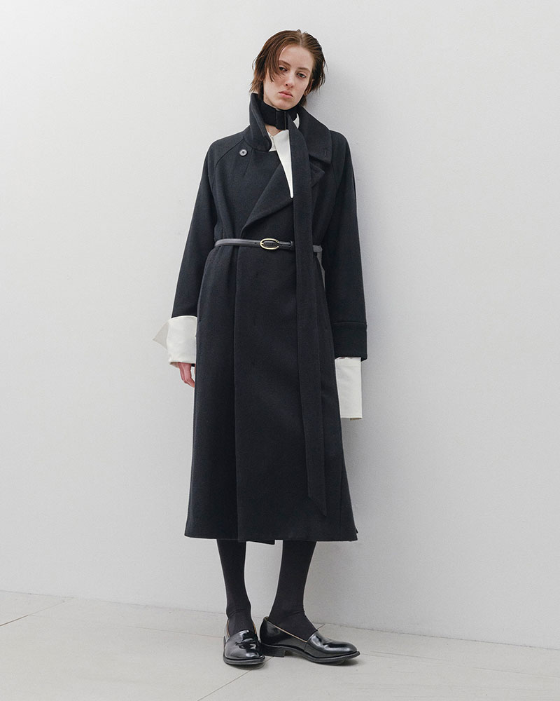 BELTED OVER COAT -BLACK-