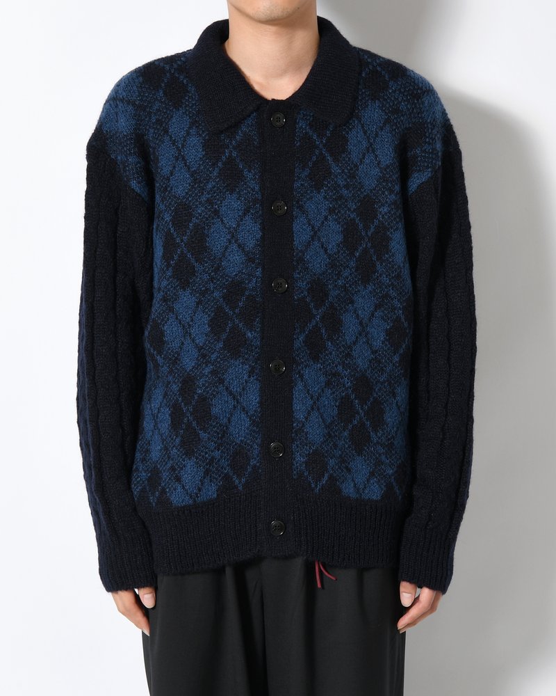 COLLARED ARGYLE CARDIGAN -NAVY-