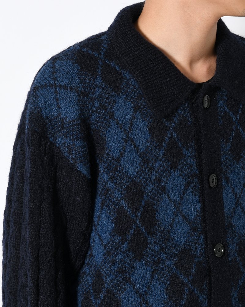 COLLARED ARGYLE CARDIGAN -NAVY-