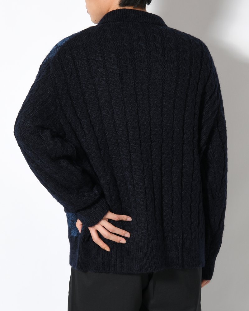 COLLARED ARGYLE CARDIGAN -NAVY-
