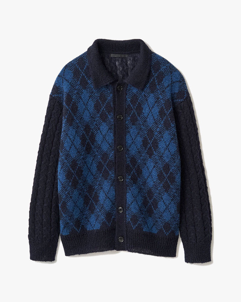 COLLARED ARGYLE CARDIGAN -NAVY-