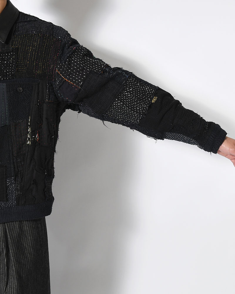 PATCHED KANTHA QUILT TRUCKER JACKET -BLACK-