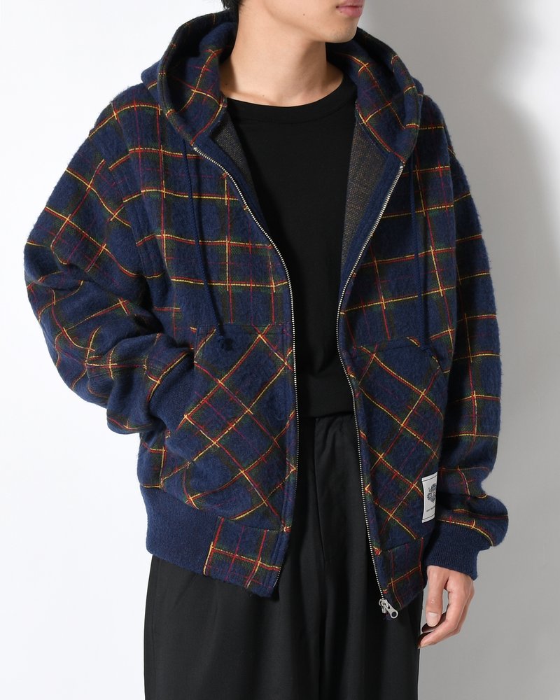 BRUSHED CHECK ZIP-UP HOODIE -NAVY-